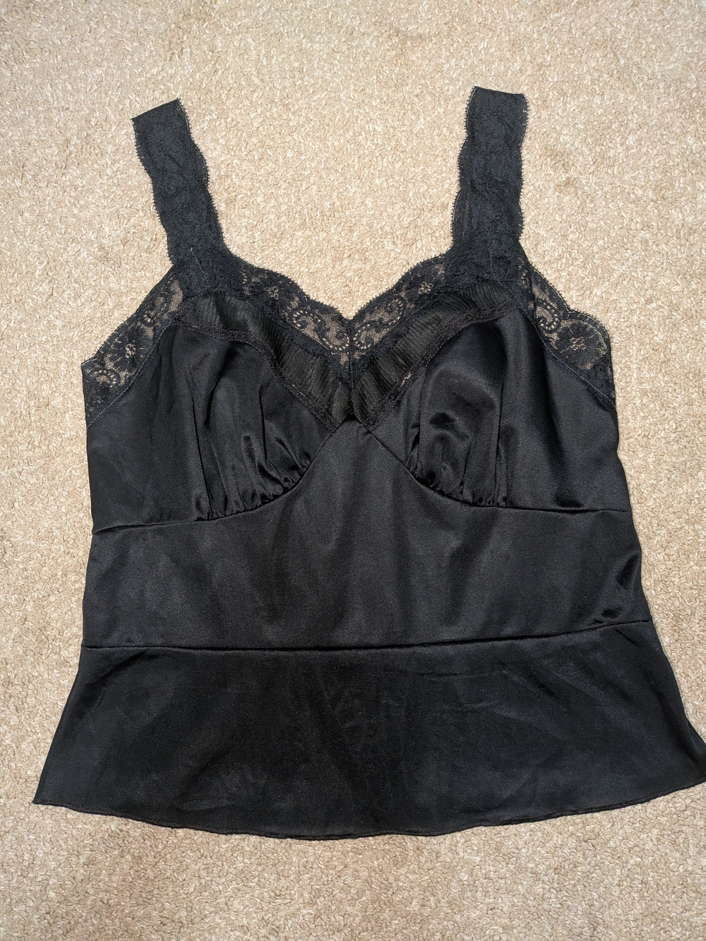 Vintage Charmode Sears Black Lace-Trim Satin Cami Top